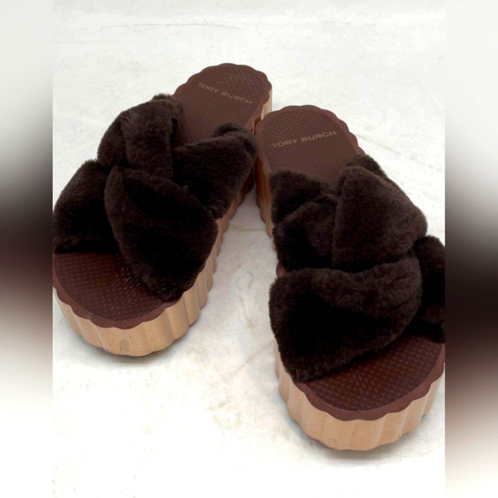 Tory Burch brown Faux Fur Wedge slides